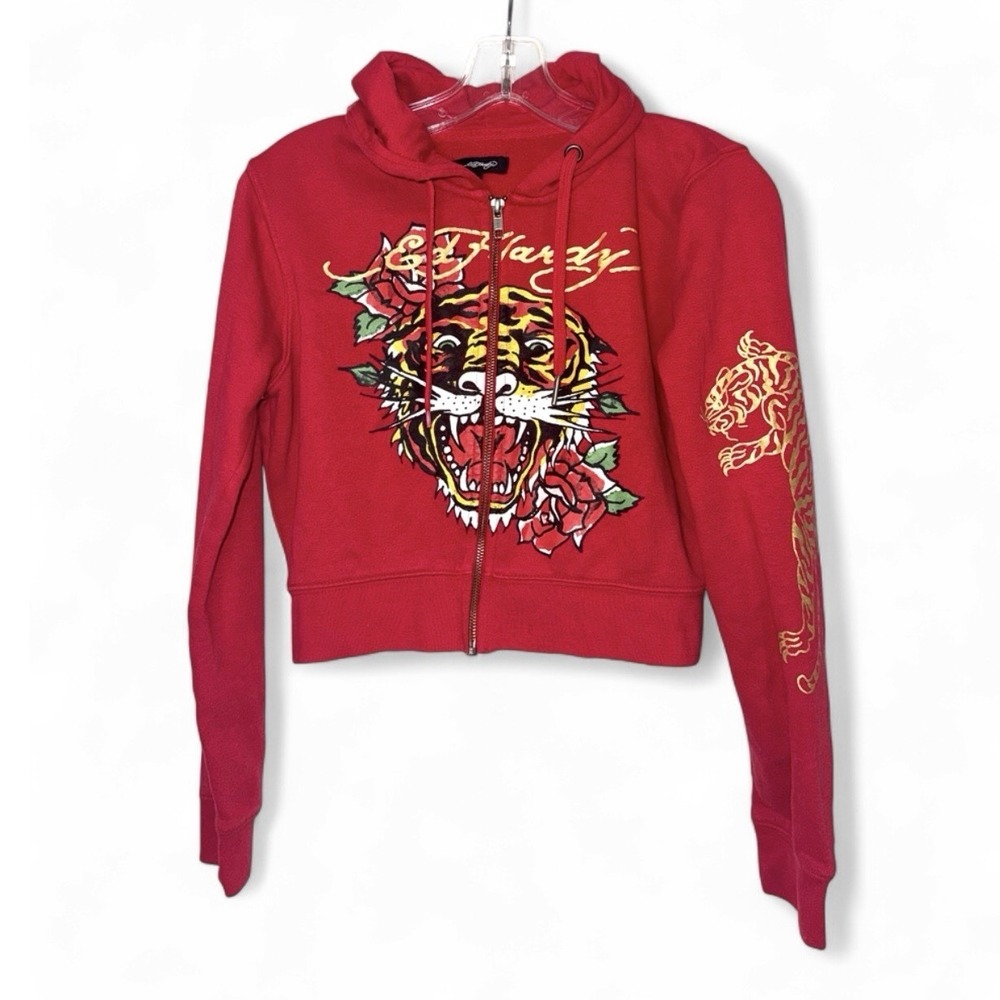 Ed Hardy Womens L Tiger Rose Cropped Zip Hoodie Red Y2K Tattoo EHWS1014-1 Large